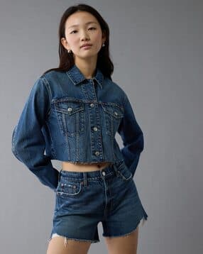 american eagle Women Cropped Denim Jacket with Flap Pockets-picture-14