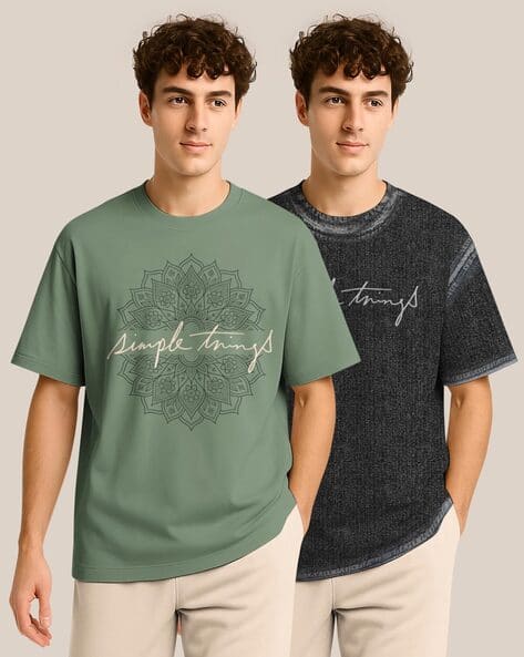Bullmer Men Pack of 2 Typographic Print Oversized Fit Round-Neck T-Shirts