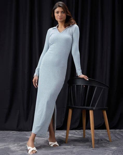 long sleeve striped bodycon dress White Globus Women Blue Collared Neck Long Sleeves Striped Ribbed Side Horizontal striped ProductID: 96567 Barbie Collector BFMC Doll, size:13 The long sleeves mean