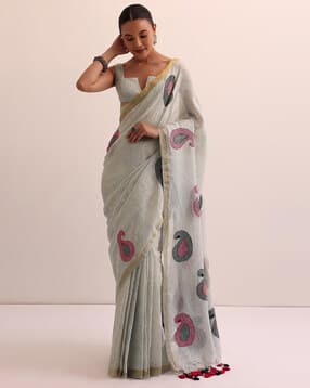 indie picks Digital Print Pure Linen Saree with Woven Work -picture-31