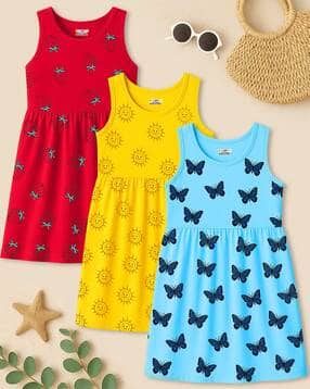 Girls Pack of 3 Printed A-Line Dresses