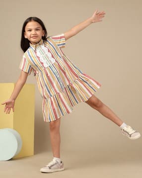 Girls Spread Collar Stripe Shirt Dress-image-30