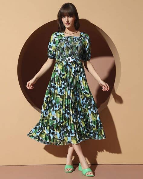 ZWERLON X AG Women Floral Print Pleated A-Line Dress with Belt
