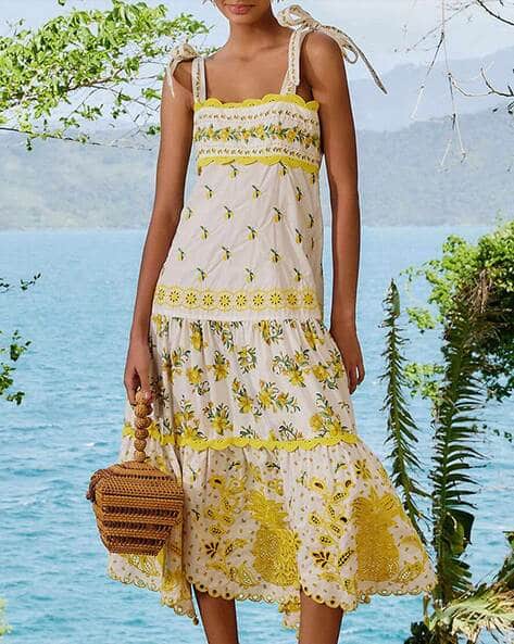 Buy FARM RIO Sicily Richelieu Midi Tiered Dress | Off-White Color Women |  AJIO LUXE