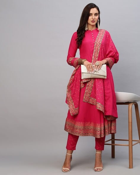 ANNI DESIGNER Women Floral Woven Flared Kurta Suit Set
