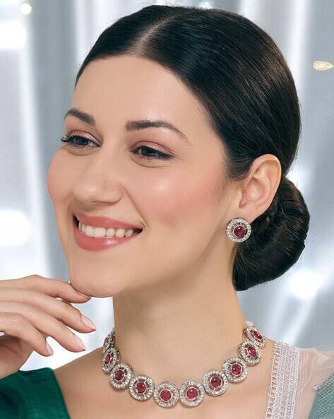 Oomph Women Silver-Plated Stone-Studded Necklace & Earrings Set