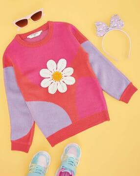 pantaloons junior Girls Printed Crew-Neck Pullover with Floral Applique-picture-37