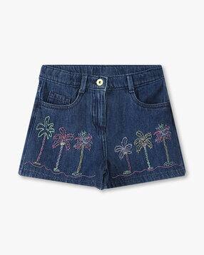Girls Embroidered Regular Fit Denim Shorts