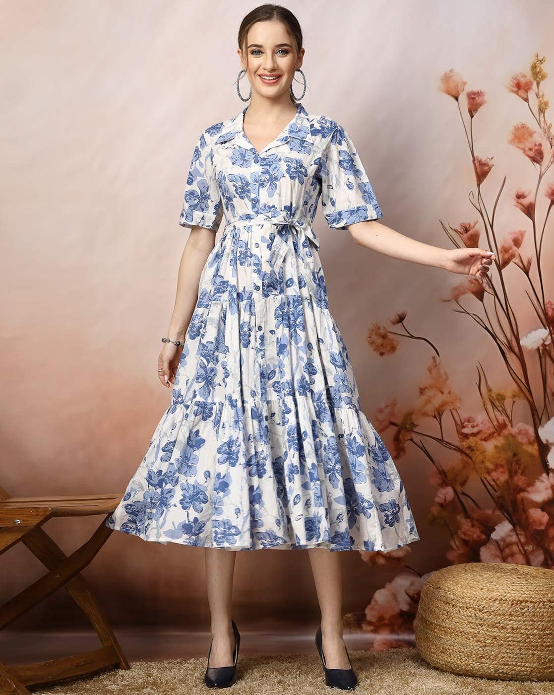 Women Floral Print A-line Dress with Short Sleeves