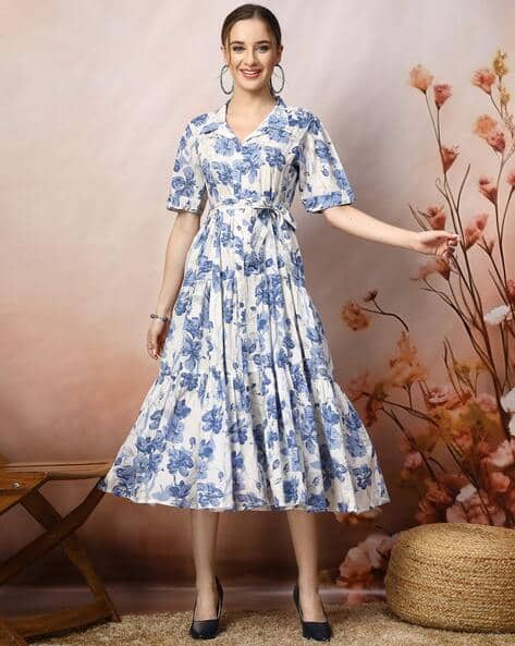 Women Floral Print A-line Dress with Short Sleeves