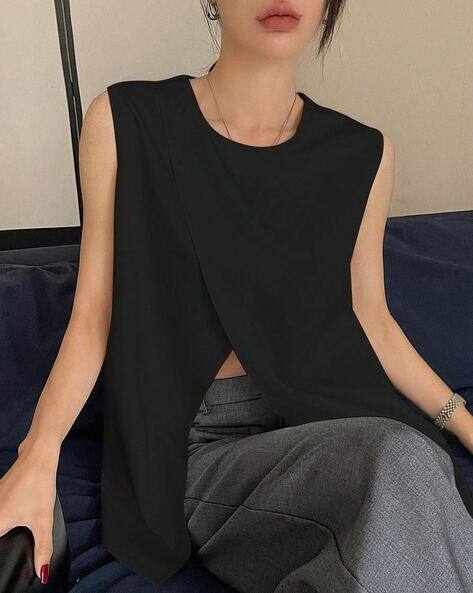 Zilcon Women Box Fit Round-Neck Top with Cut-Out