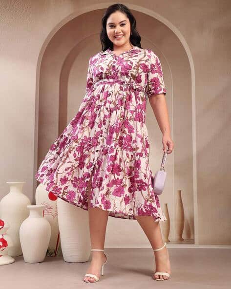 slim fit dress slacks Purple Magenta Floral Satin Fit-and-Flare Homecoming Dress RM129 – SHEER  FAIRY main image 1