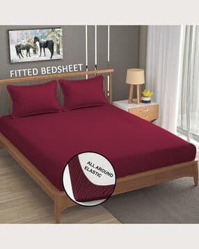 homefab india Striped King Elastic Bedsheet with 2 Pillow Covers-picture-36
