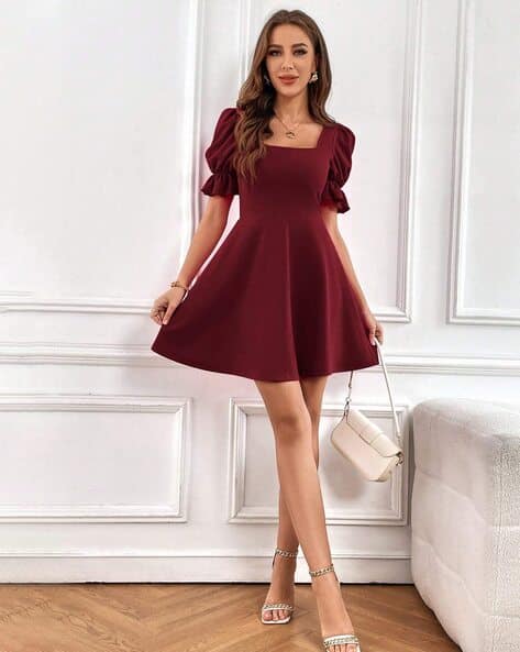 Buy Hivora Women Skater Dress with Puff-Sleeves Online | Ajio.com