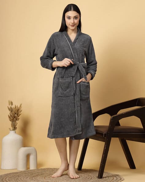 Women Cotton Bath Robe with Waist Belt