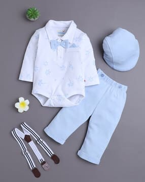 Floral Print Bodysuit & Pants Set with Suspender & Cap