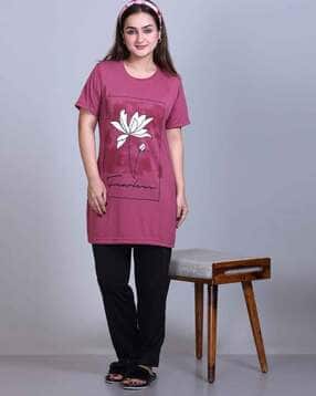 slobros Women Floral Print T-Shirt & Pyjamas Set -picture-43