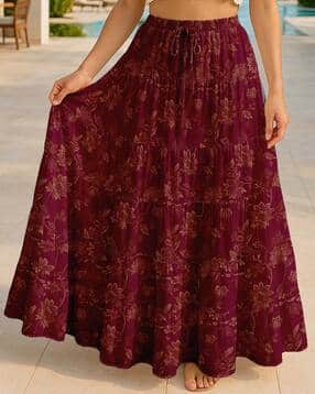Women Floral Print Tiered Skirt