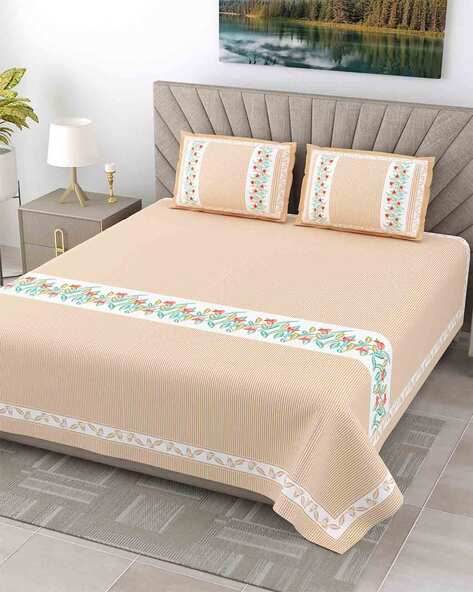 Jaipur Fabric 153 GSM Block Print Double Bedsheet with 2 Pillow Covers