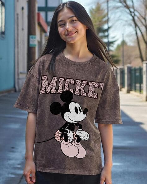 Women's Mickey Graphic Printed Oversized Acid Wash T-shirt