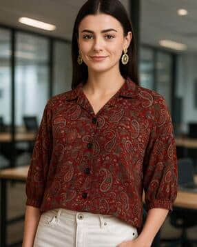 Women Paisley Print Regular Fit Shirt with Cuban Collar