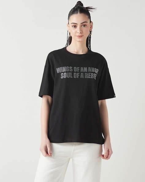 BEWAKOOF Women's Too Fly For The Afterlife Graphic Printed Oversized T-shirt