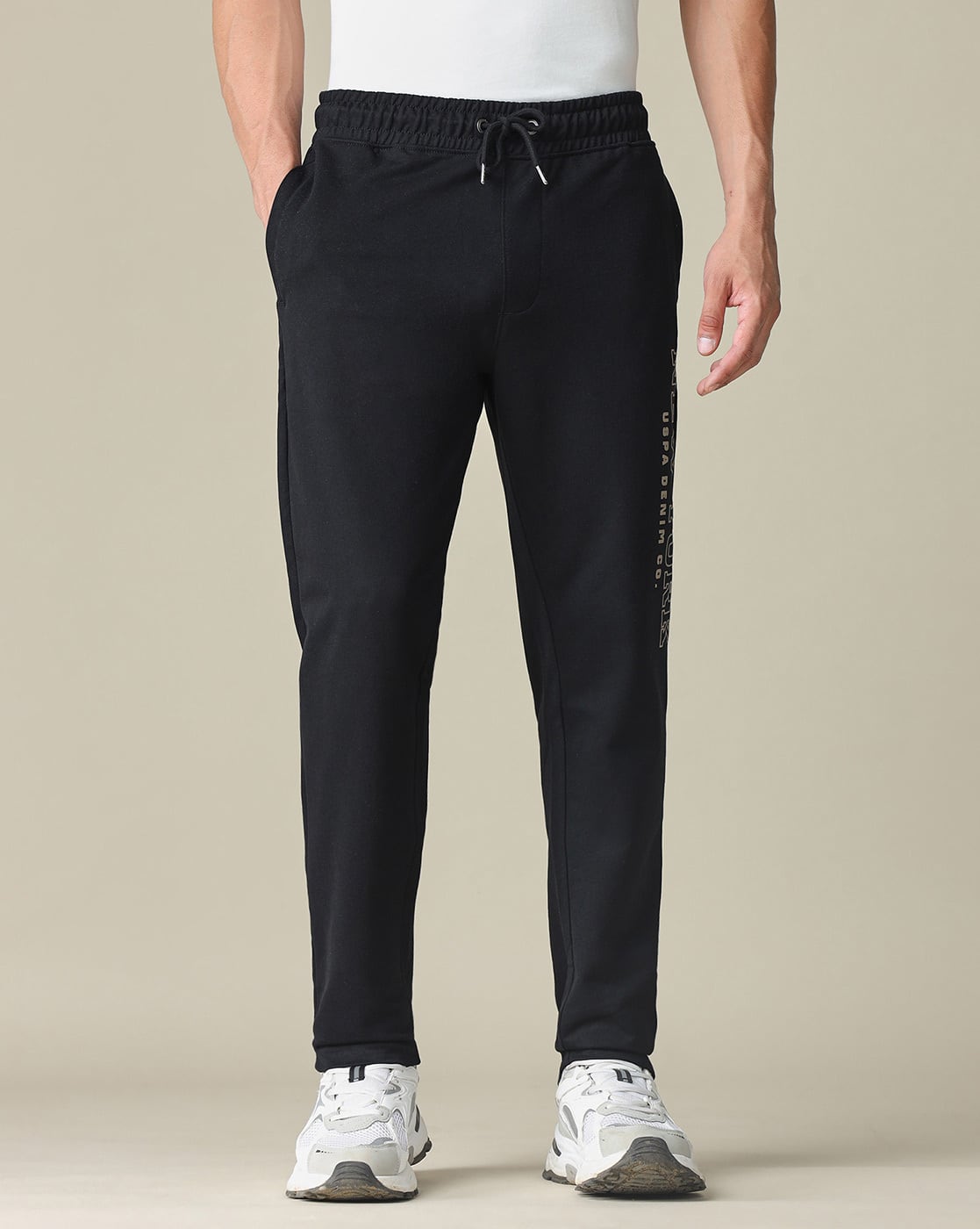 Men Typographic Print Straight Fit Track Pants with Elasticated Drawstring Waist