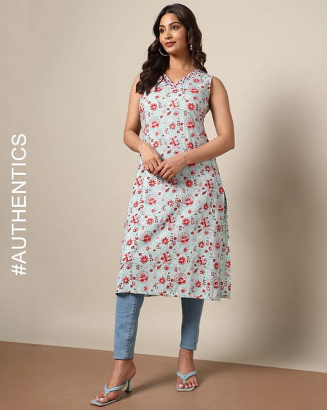Indie Picks Sanganeri Handblock Print Cotton Sleeveless Kurta with Pocket