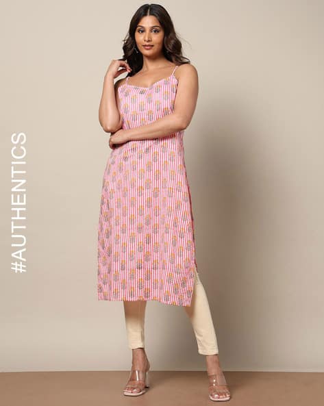Indie Picks Sanganeri Handblock Print Cotton Spagetti Kurta with Pocket