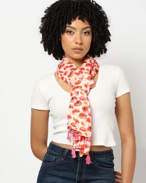 Women Floral Print Scarf with Tassels