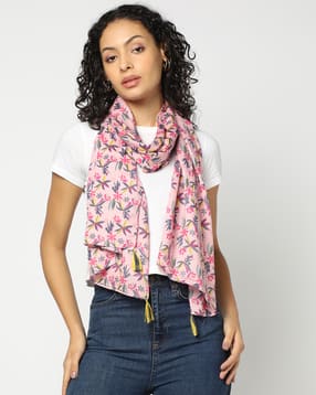 Women Floral Print Scarf with Tassels