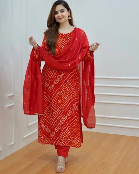 ANNI DESIGNER Women Bhandhani Print Straight Kurta Set with Dupatta