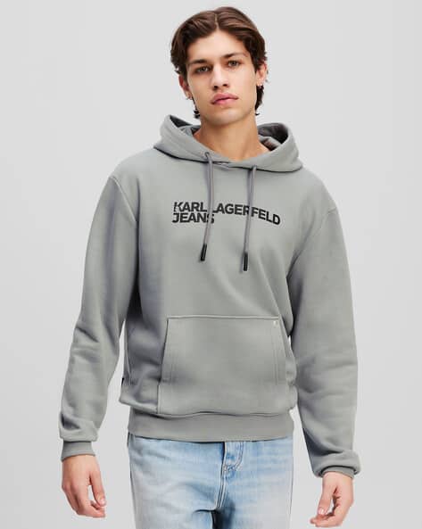 Logo Print Regular Fit Hoodie with Kangaroo Pocket