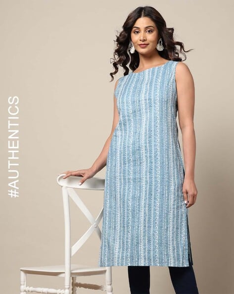 Indie Picks Handblock Print Cotton Sleeveless Straight Kurta