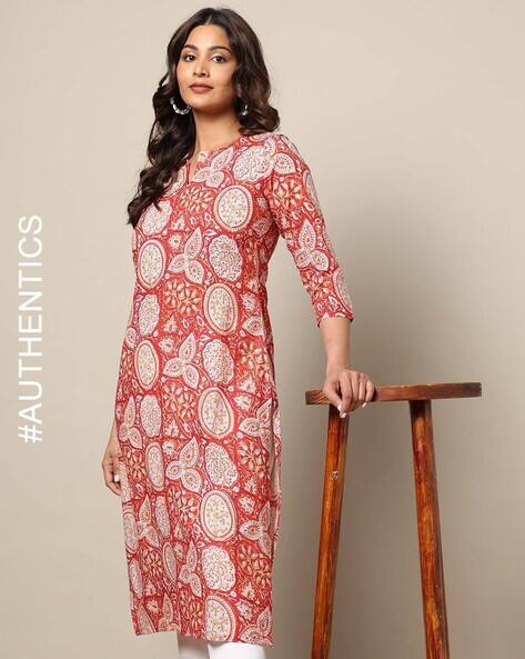 Indie Picks Sanganer Handblock Print Cotton Kurta with Insert Pocket