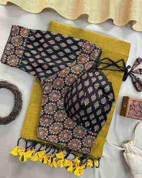 Women Handloom Khadi Cotton Saree with Stitched Ajrakh Blouse 