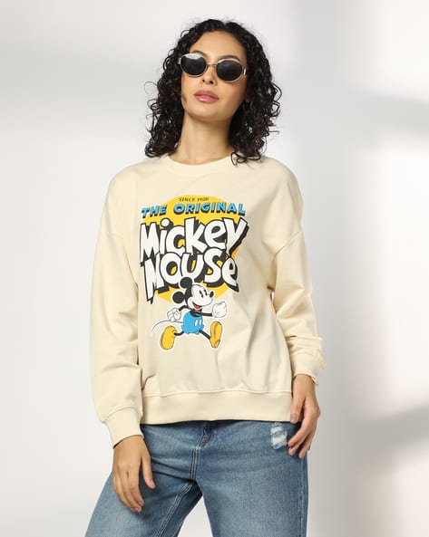Women Disney Mickey Mouse Print Relaxed Fit Round-Neck Sweatshirt