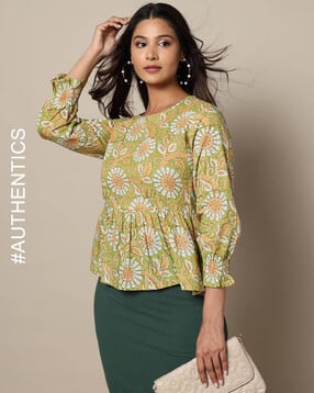 indie picks Handblock Print Flared Cotton Top-picture-17