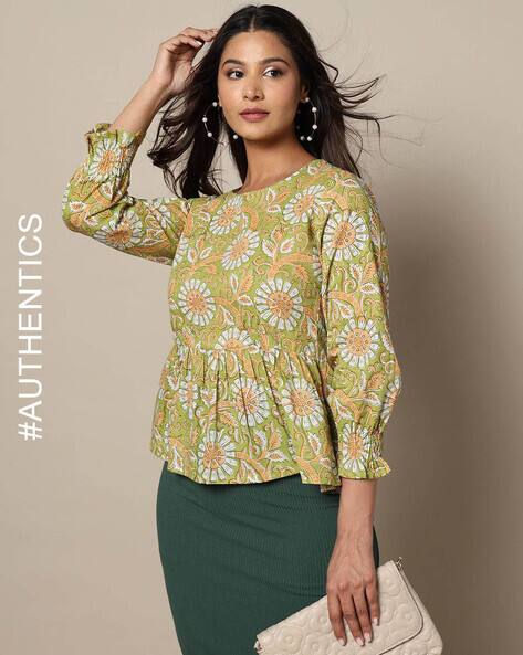 Indie Picks Handblock Print Flared Cotton Top