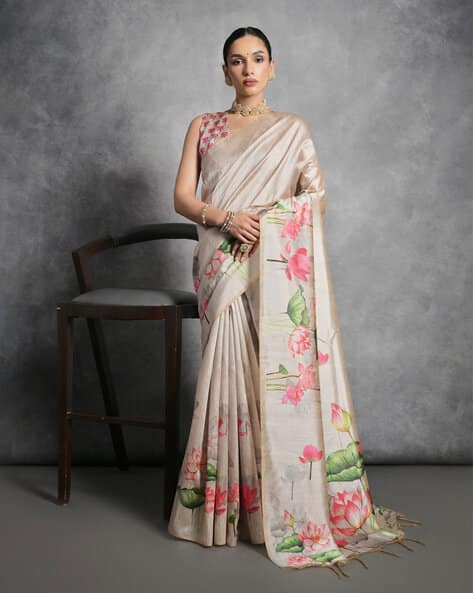 Indie Picks Tussar Silk Saree with Digital Floral Print