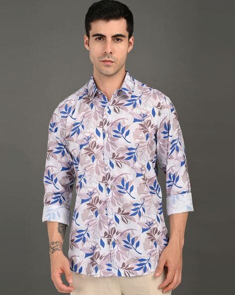 BHINDAS Men Leaf Print Slim Fit Shirt with Spread Collar