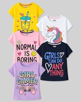 kuchipoo Girls Pack of 5 Printed Relaxed Fit Round-Neck T-Shirts-picture-23
