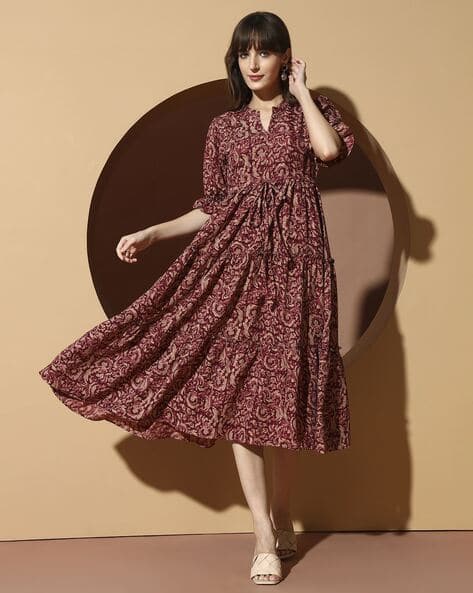 ZWERLON X AG Women Floral Print Tiered Dress with Mandarin Collar