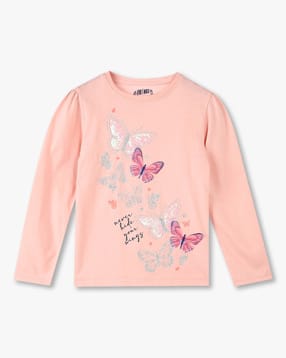 Girls Butterfly Print Regular Fit Round-Neck T-Shirt