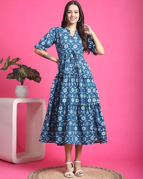 ZWERLON X AG Women Floral Print Tiered Dress With Tie-Up For Women (Blue, XXL)