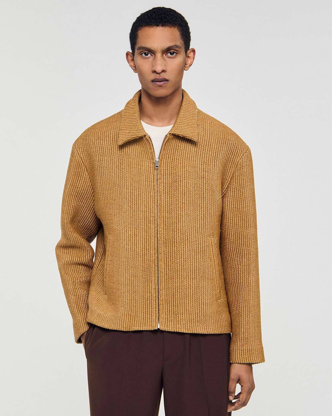 Buy Sandro Men Woven Raffia Zip-Front Bomber Jacket | Khaki Color Buy Sandro Men Woven Raffia Zip-Front Bomber Jacket | Khaki Color