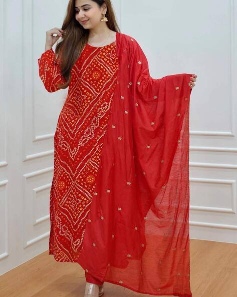 GOSRIKI Women Bandhani Print Straight Kurta Set