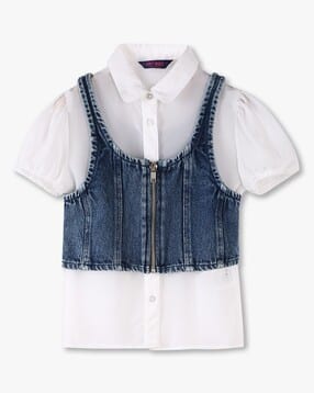 Girls Twofer Regular Fit Top with Washed Denim Vest