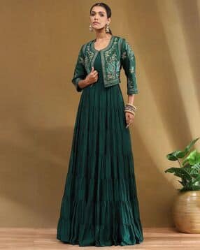 biba Women Embroidered Round-Neck Tiered Dress with Jacket-picture-12