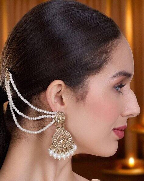 Oomph Women Stone-Studded Drop Earrings with Ear Chain